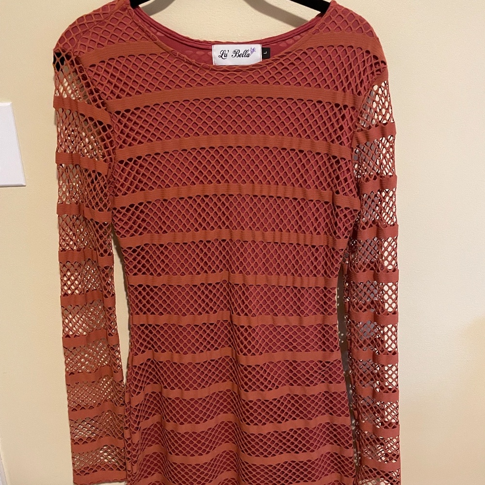 Lu Bella Womens Large Rust Fishnet Long Sleeve Midi Dress